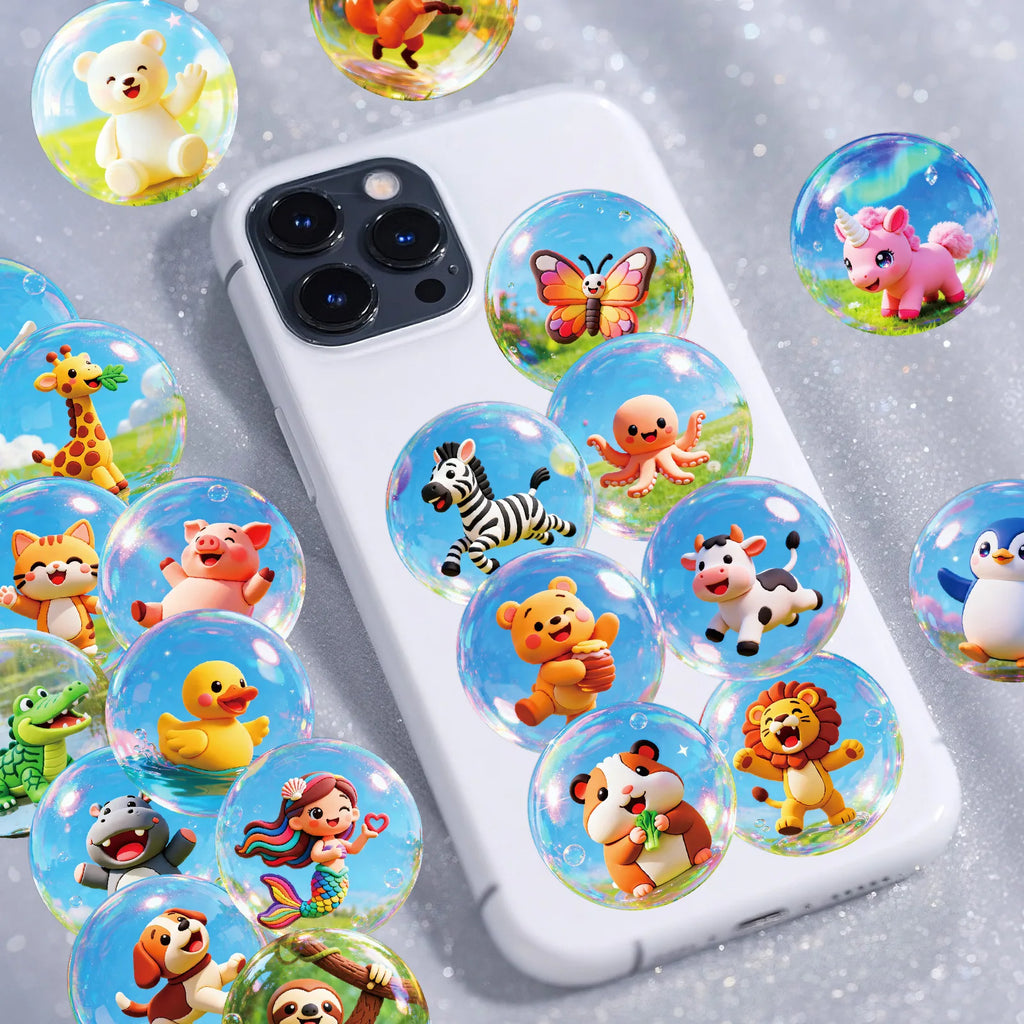 50/100Pcs Cute Animal Bubble Ball Cartoon Waterproof Stickers for Phone Laptop Stationery Box Helmet Storage Box Drawer Decals