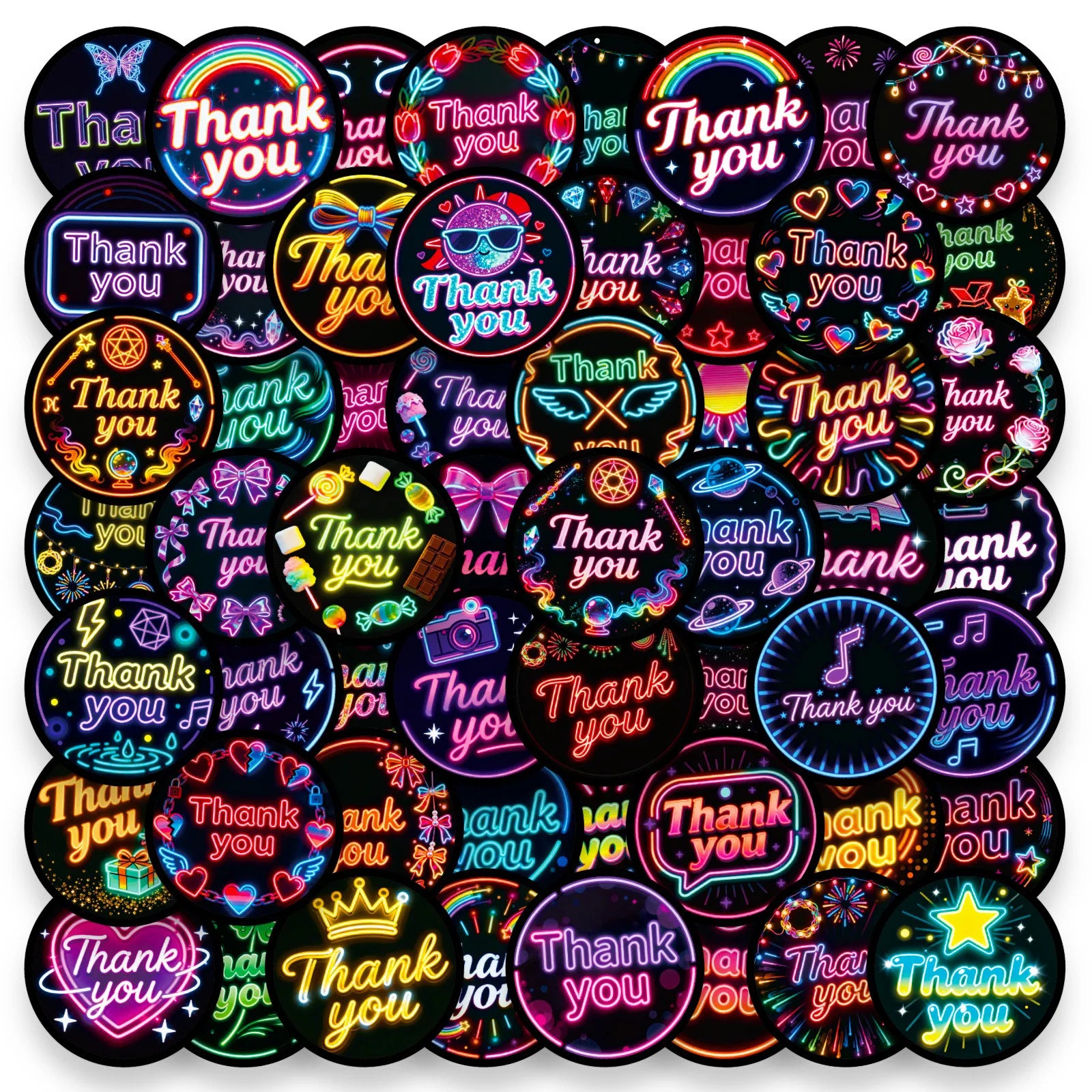 50/100PCS Colorful Neon Thank You Stickers English Decorative Stickers Waterproof Laptop Stationery Reward Stickers