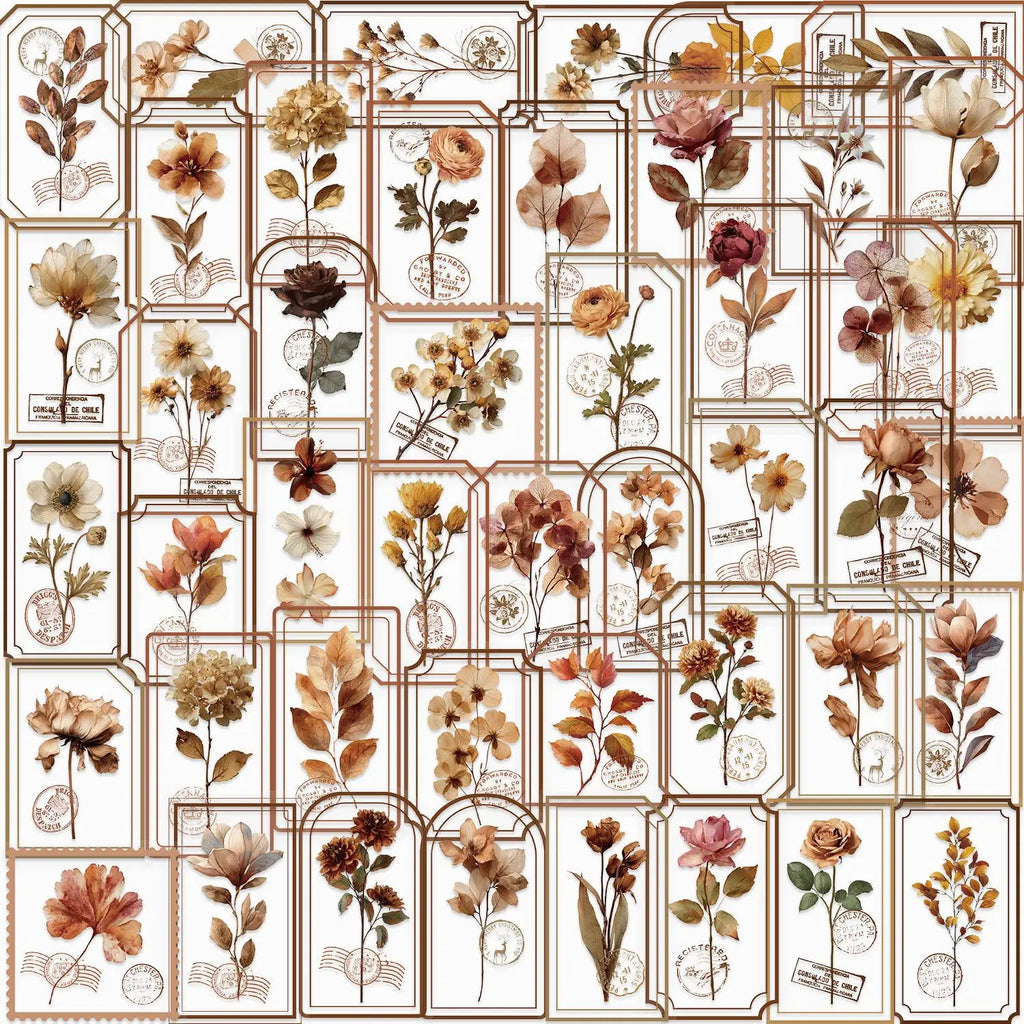 50/100PCS Cartoon Old Page Flower Picking Stationery Sticker Pack Waterproof Transparent PET DIY Decorative Guitar Notebook
