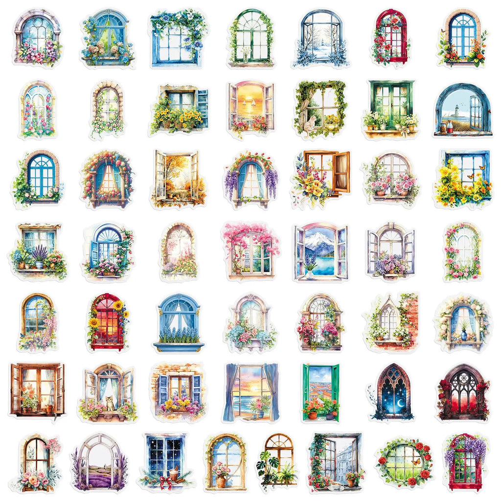 50PCS Transparent Window Flower PET Stickers, INS Forest Style Student Notebook Phone Case Waterproof Decorative Art Sticker