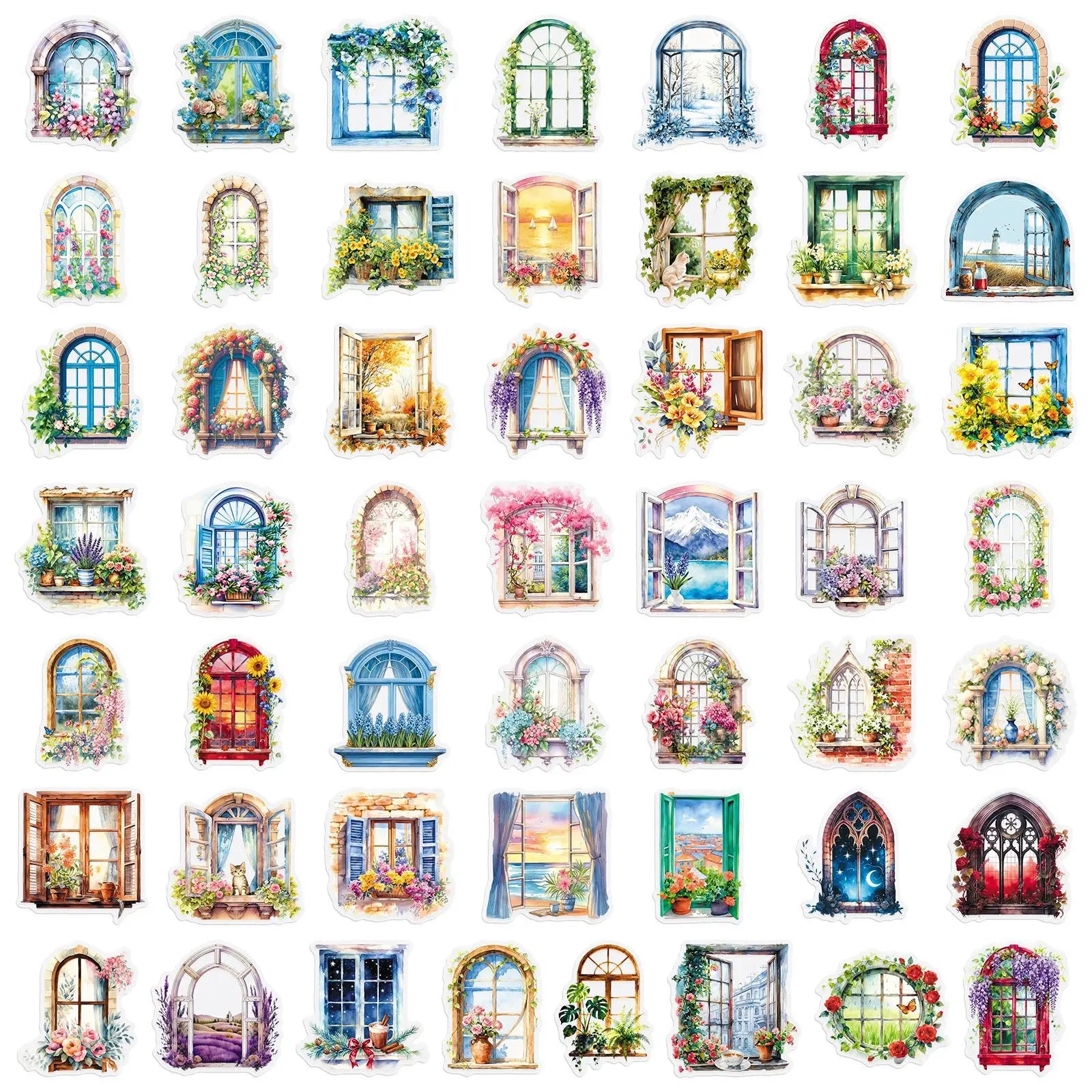 50PCS Transparent Window Flower PET Stickers, INS Forest Style Student Notebook Phone Case Waterproof Decorative Art Sticker