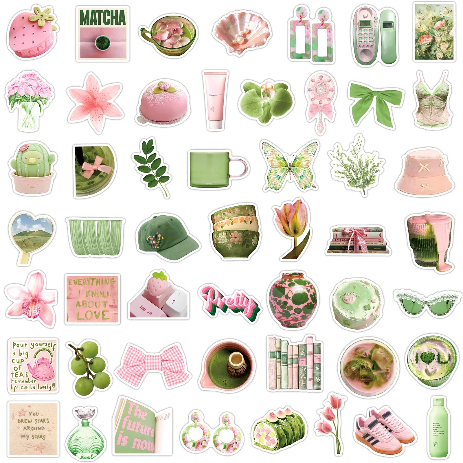 50-Pack Summer Fresh Pink Green Korean Style Waterproof Stickers for Phone Skateboard Notebook Luggage INS Aesthetic Decals