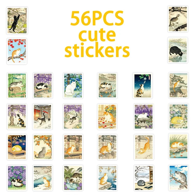 10/30/56PCS Kawaii Japanese Cat Colored PVC Sticky Stickers Aesthetic DIY Phone Laptop Luggage Skateboard Graffiti Decals