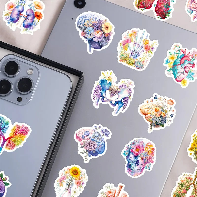 10/30/56PCS Cute Flower Skull Organs PVC Sticky Stickers Aesthetic Colored DIY Phone Laptop Luggage Skateboard Graffiti Decals