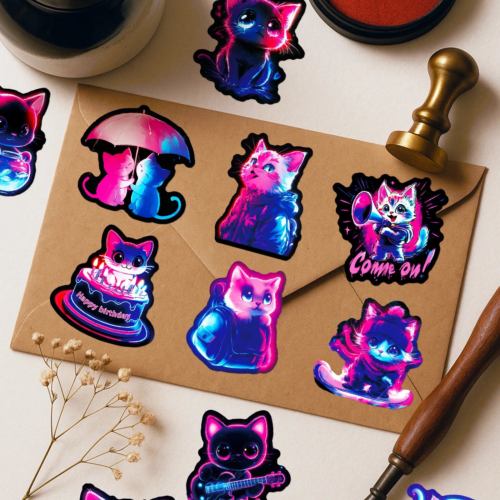 56PCS Neon Cat Graffiti Stickers Cool Colorful Lights Cartoon Cat Skateboard Decoration Stickers For Stationary Notebook