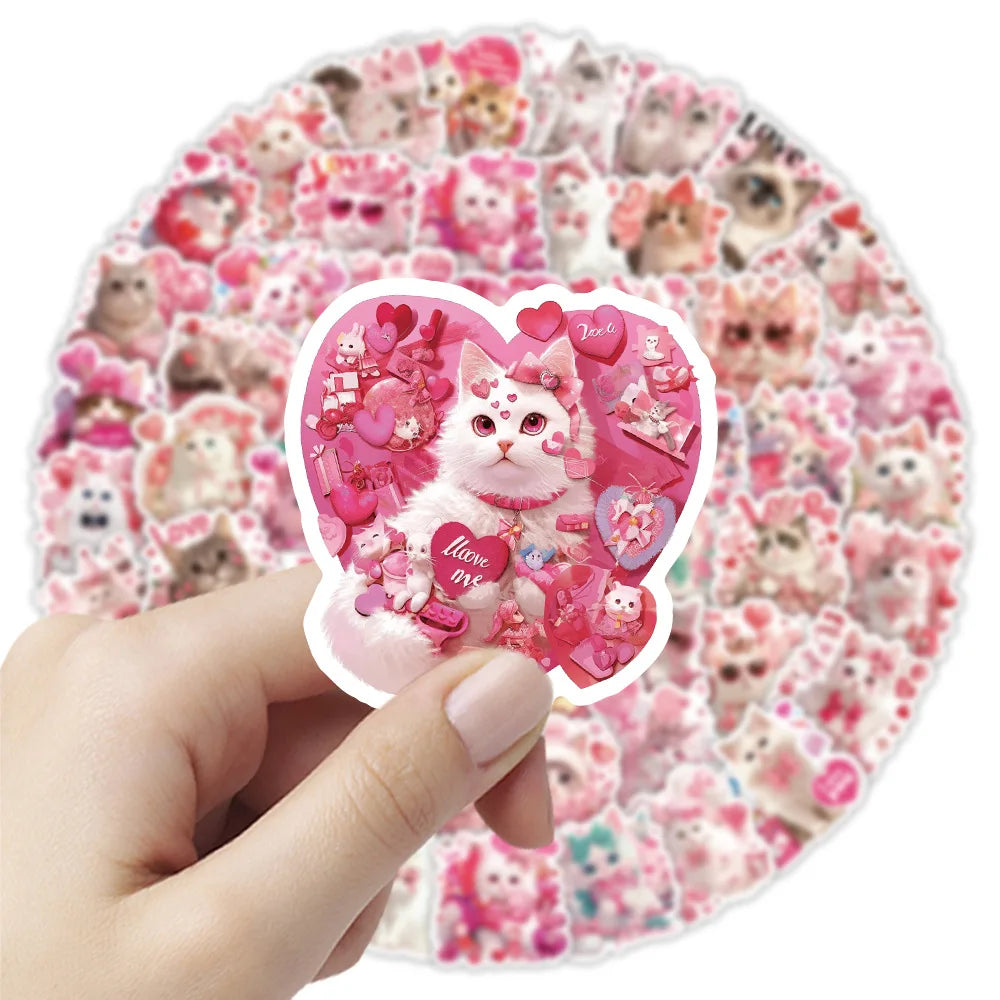 50-Pack Pink Valentine's Day Cat Doodle Stickers Waterproof Cute Decorations for Water Bottle Guitars Mobile Tablet Luggage