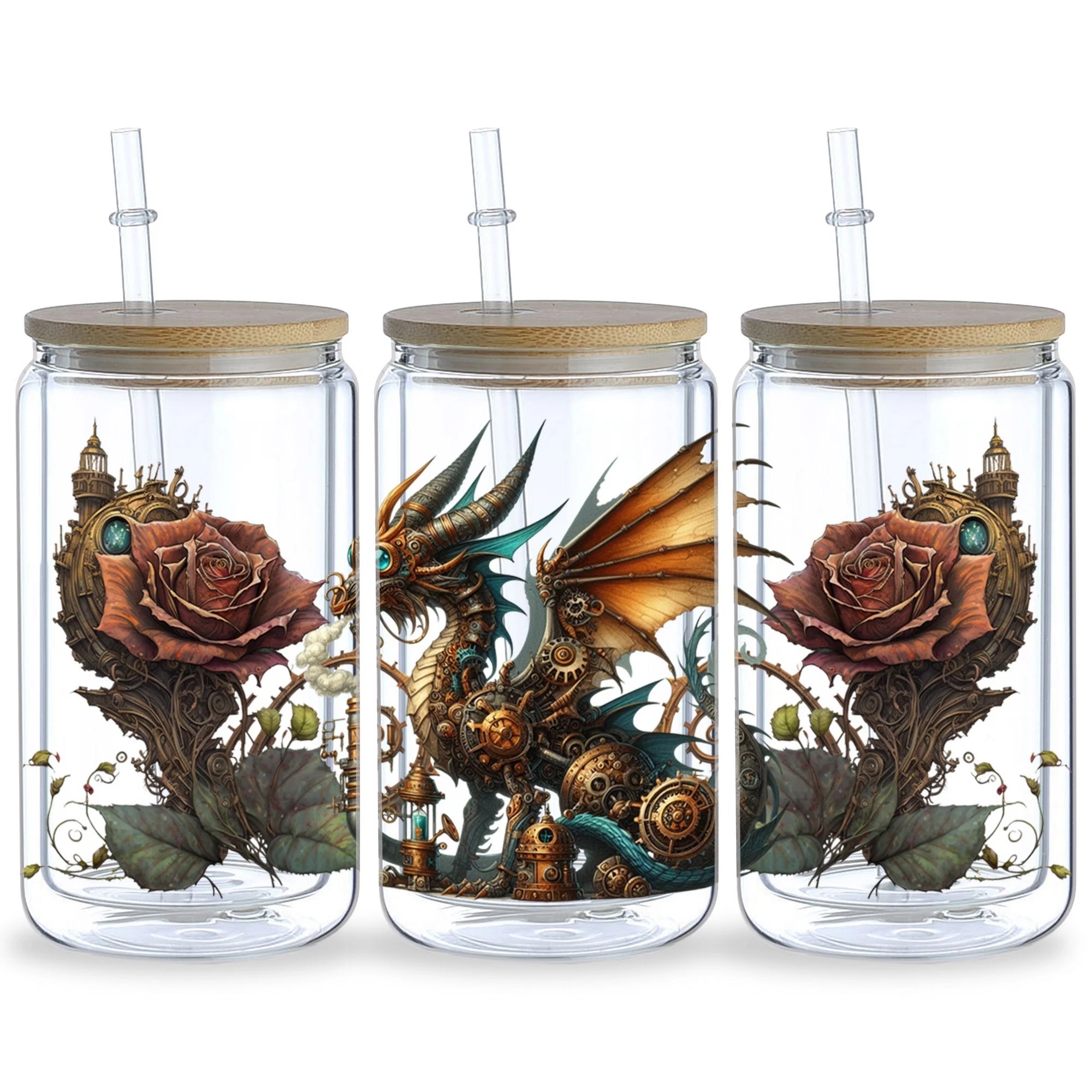 5 sheets Steampunk UV DTF Cup Stickers, DTF Friction Transfer Stickers, Waterproof Cartoon Transfer Stickers for 16oz Glass Cups