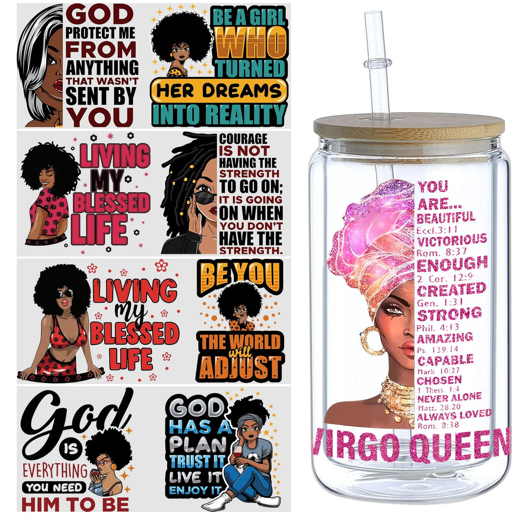 5 Sheets Black Girl UV DTF Glass Cup Wrap Transfer Stickers, DTF Transfer Stickers, Waterproof Wipe Off Transfer Stickers