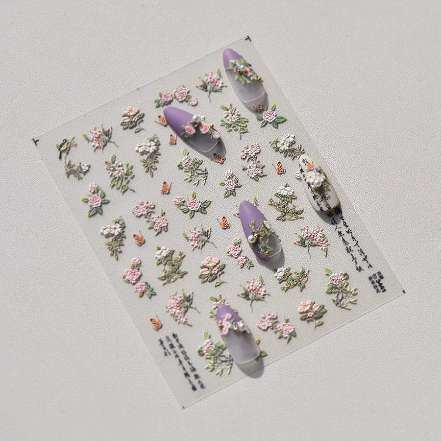 5D Embossed Nail Stickers Elegant Pink Flowers Self Adhesive Nails 3D Decorations Stickers DIY Charms Flowers Nails Art Decals