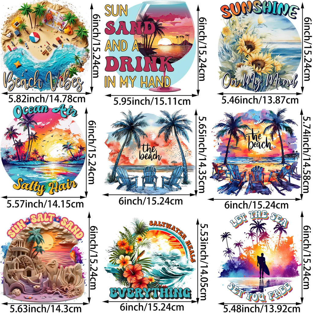 9 sheets Summer Beach Sunset Series DIY Theme Iron-on Applique Patches Colorful Theme Heat Transfer DIY Clothing, T-shirts