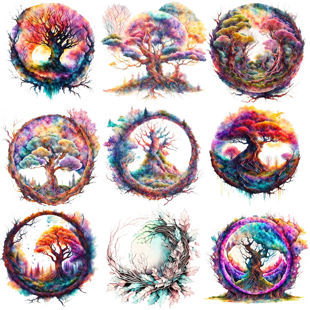 9 sheets Fantasy Forest Theme Series Iron-On Transfer Stickers Design Forest Flower Decals Heat Pressed Decals