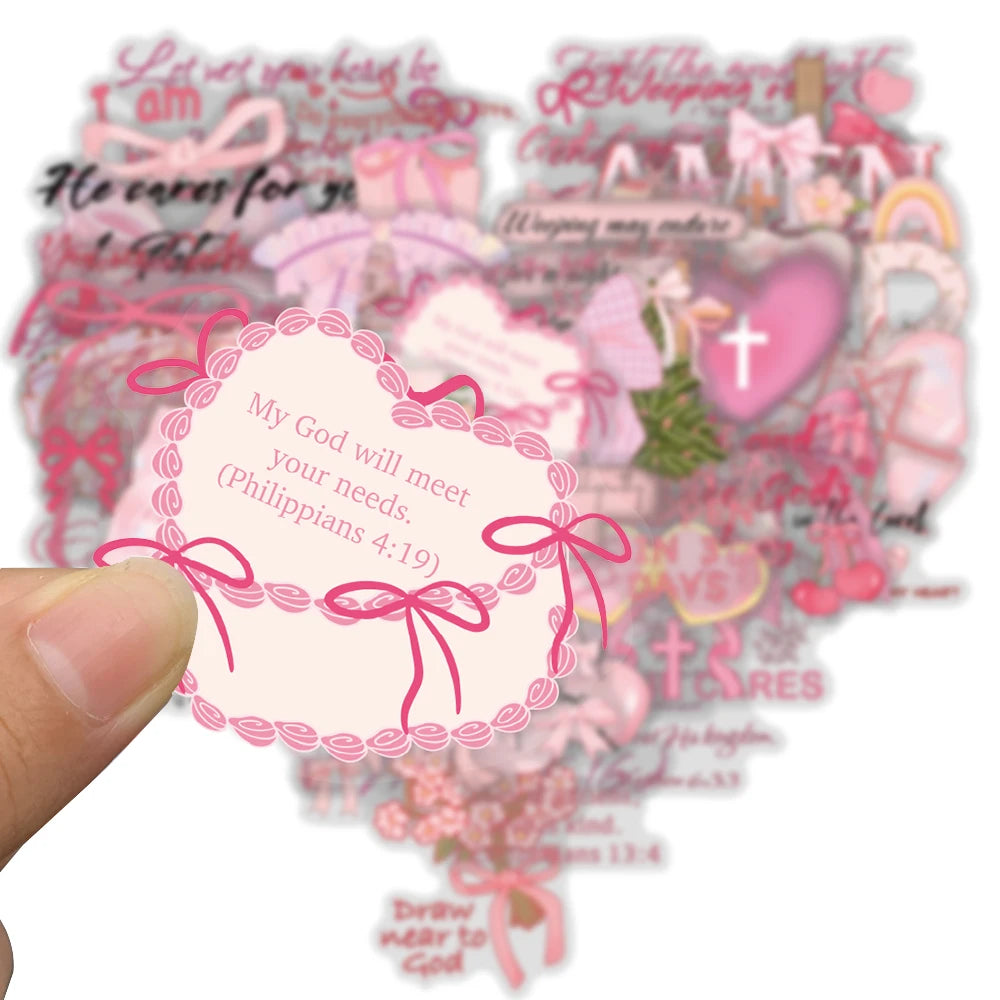 50PCS Pink Bow Bible Stickers Aesthetic Stationary Harajuku Bicycle Laptop Luggage Phone DIY Art Picture Suitcase Sticker