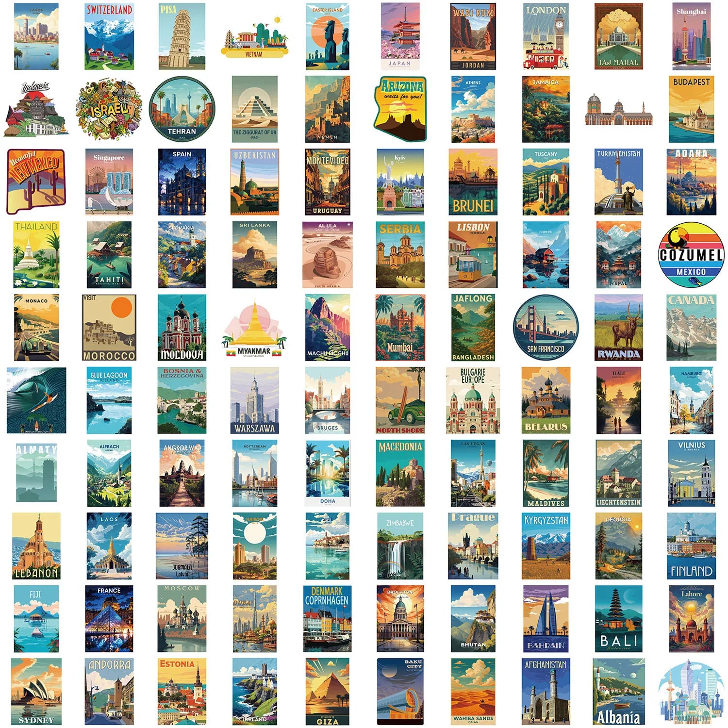 100PCS Cartoon World Landmark & National Park Graffiti Waterproof Stickers DIYFor Decorative Guitar Notebook Luggage Stationery