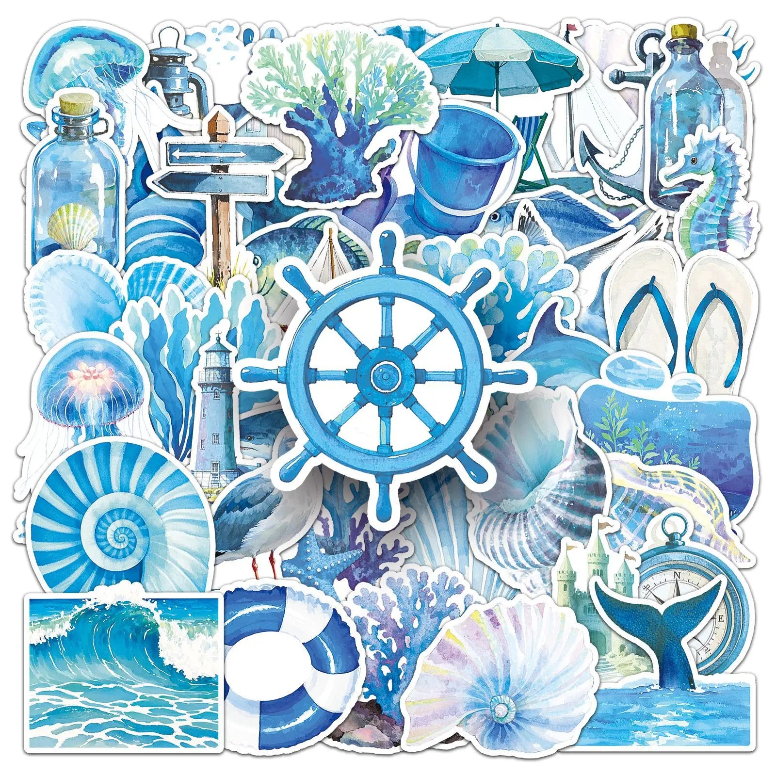 50-Pack Watercolor Blue Ocean Doodle Stickers Cartoon Decor for Phone Tablet Water Cup Guitar Luggage Notebook Fridge