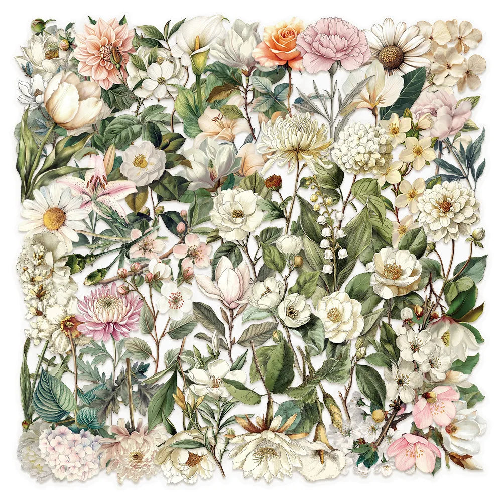 Variety of 50PCS Retro Long Branch Flower Stickers Transparent Waterproof DIY Stationary Notebook Art Stickers