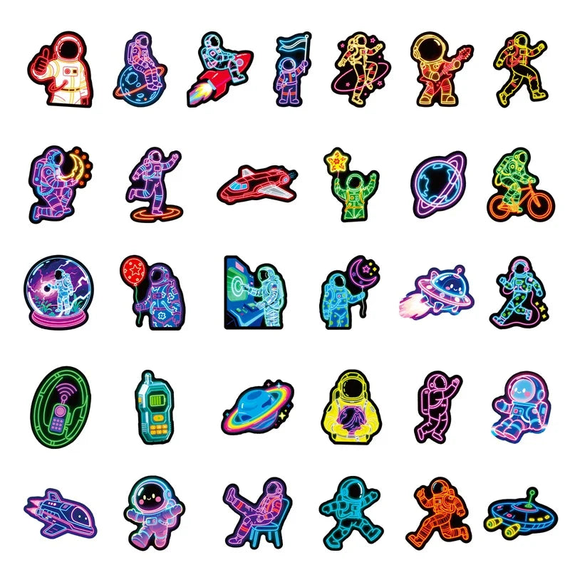 10/30/56PCS Kawaii Neon Astronaut PVC Sticky Sticker Aesthetic Children's DIY Decoration Scrapbooking School Supplies