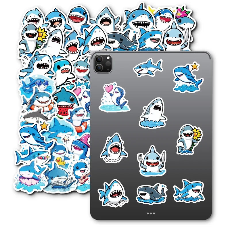 10/30/50PCS Kawaii Blue Shark PVC Sticky Sticker Aesthetic DIY Decoration Scrapbooking Children's School Supplies for Kids