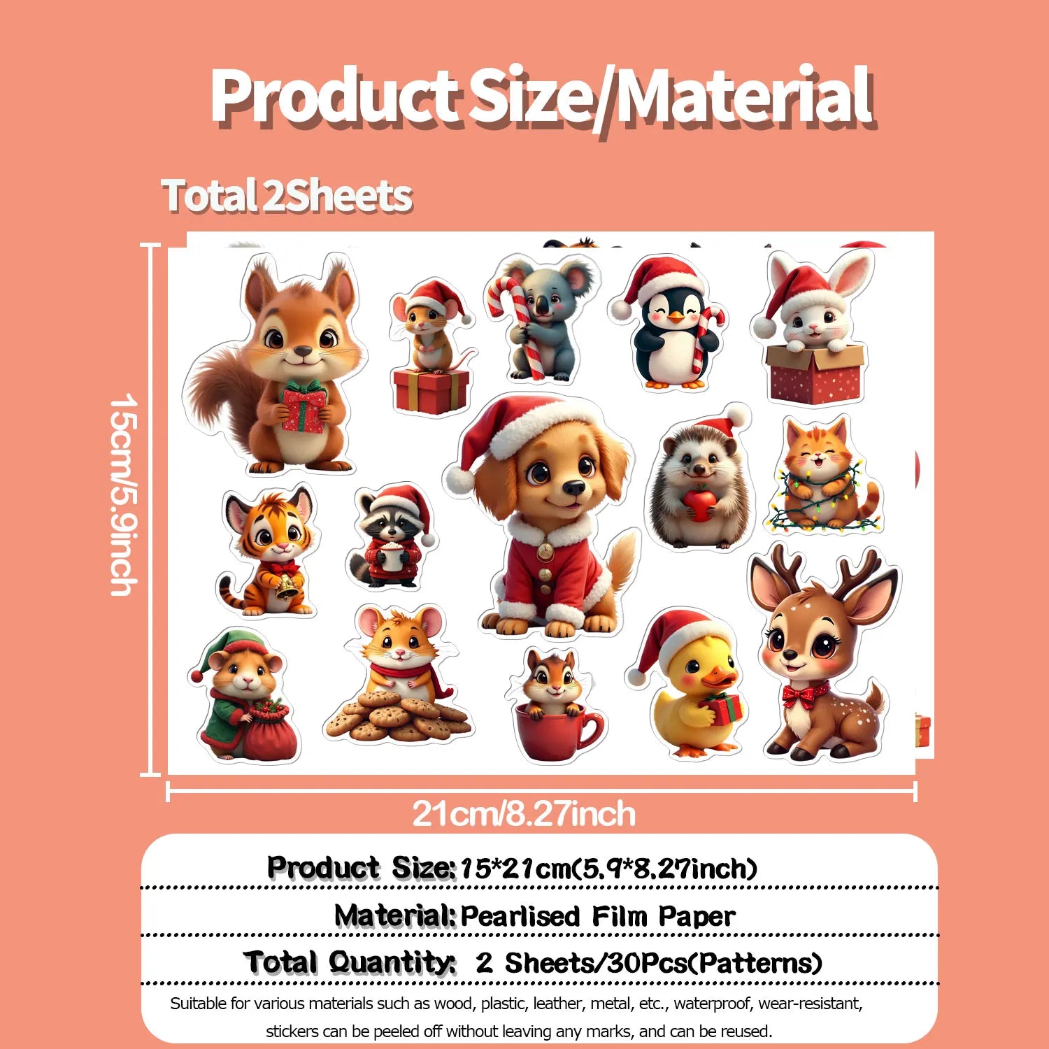 30Pcs/Set Irregular Christmas Lovable Animal Waterproof Stickers Reusable/No Residue DlY Craft Decor Festival Scrapbooking Label