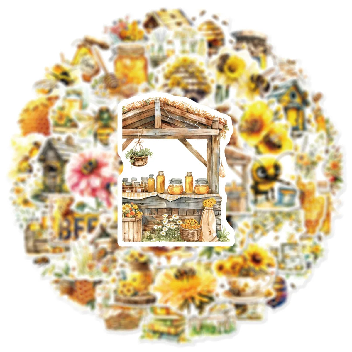50PCS Bee Flower Graffiti Stickers Notebook Water Cup Luggage Handbag Decoration Non repeating Waterproof Stickers