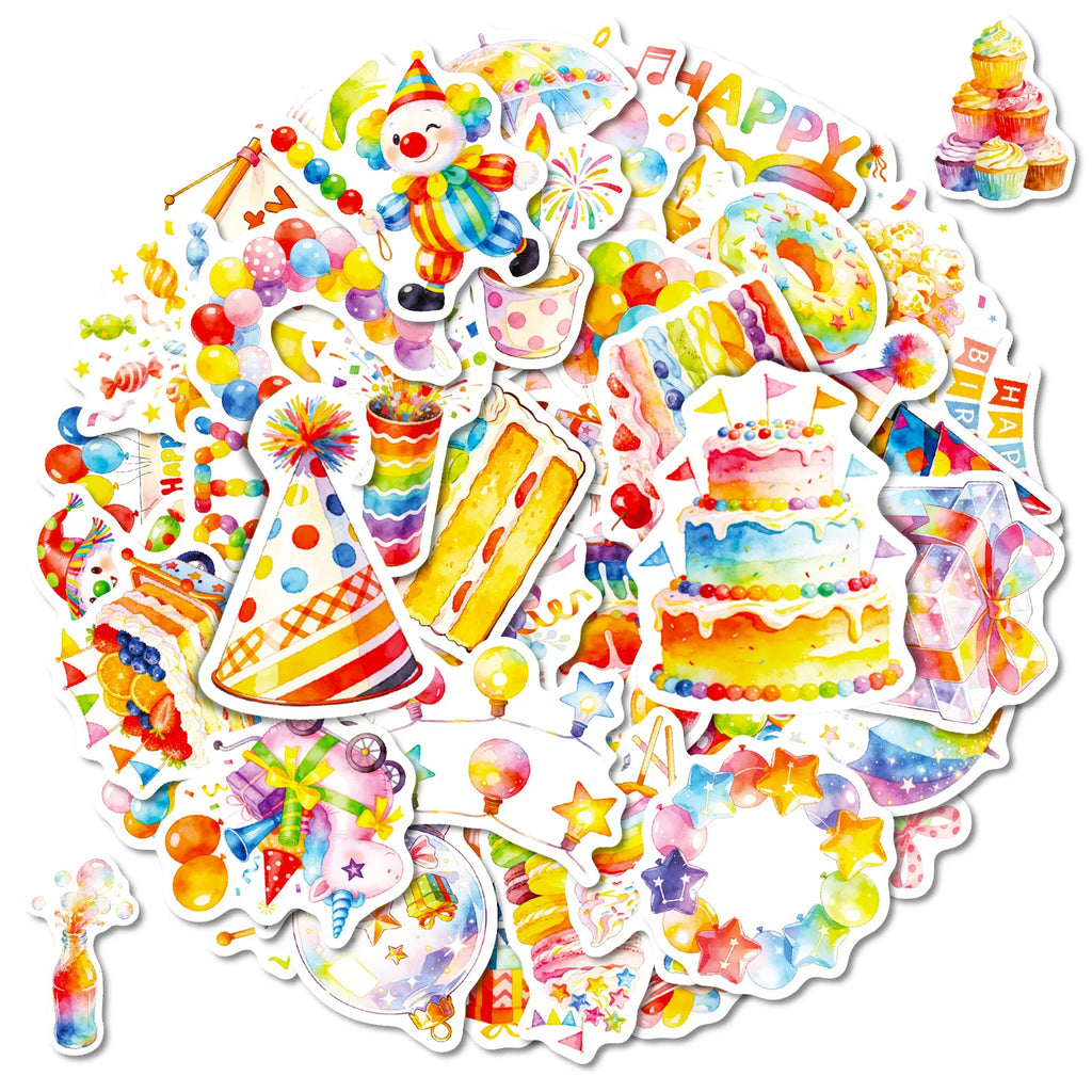 56PCS Watercolor Birthday Party Graffiti Stickers Balloon Cake Candy Elements Student Stationery Notebook Birthday Gift Stickers