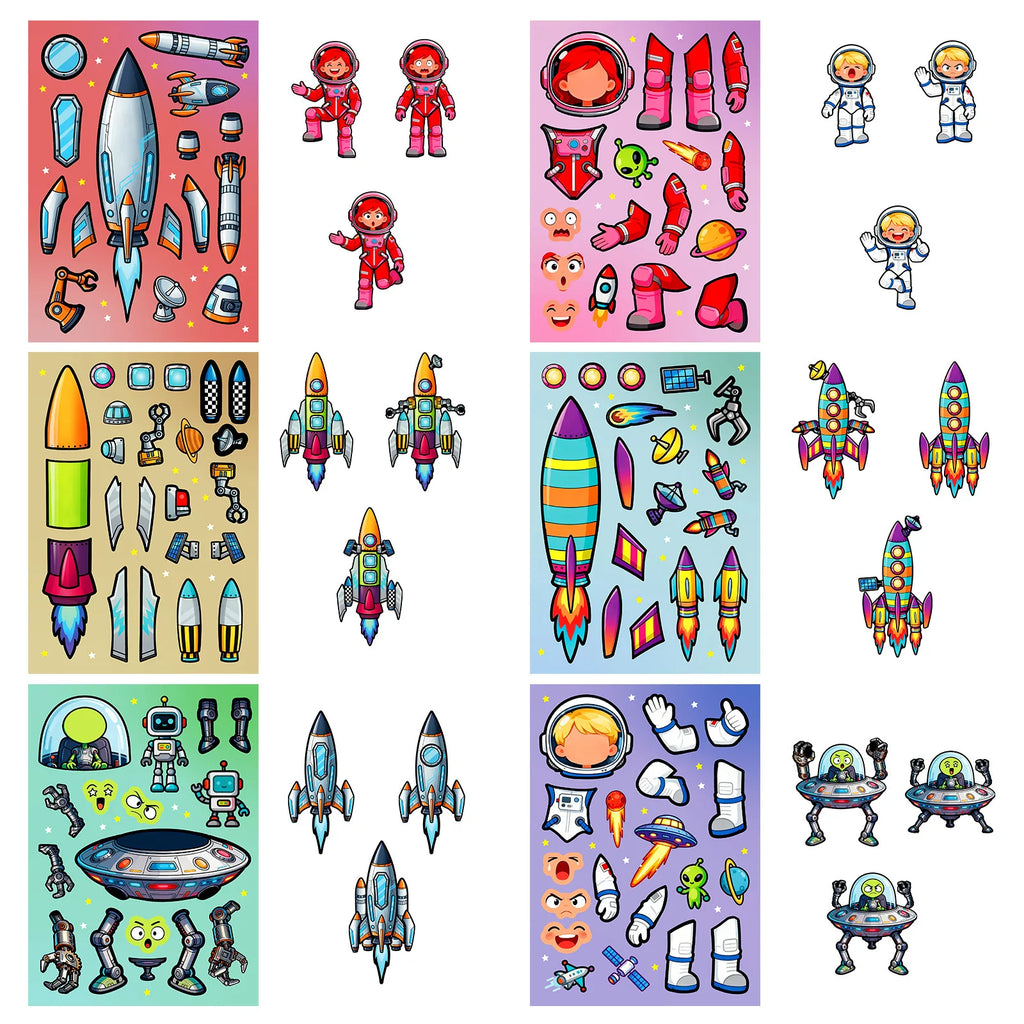 6/12/18PCS Colorful Space Exploration Puzzle Face Changing Sticker Cartoon Rocket Astronaut Hands on Sticker