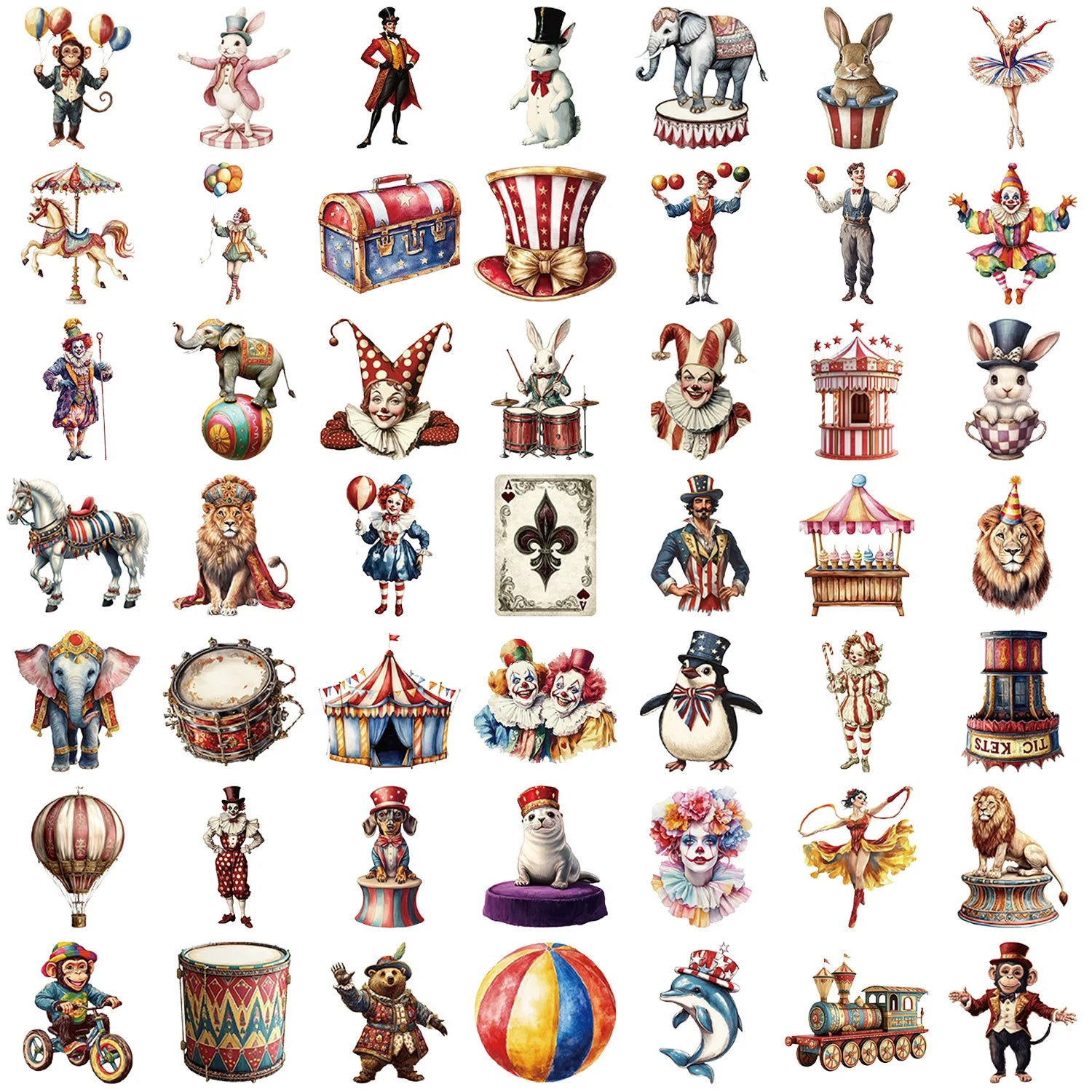 50/100PCS Transparent PET Cartoon Circus Sticker Pack Waterproof Transparent Decorative Guitar Notebook Stationery Stickers