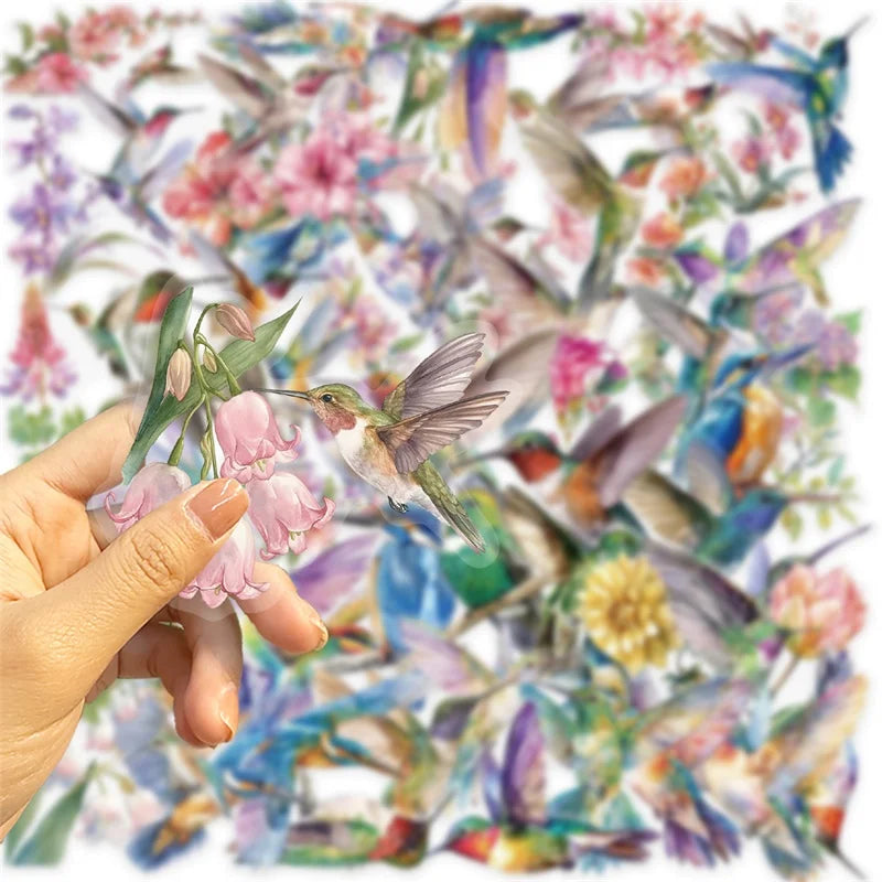 50PCS Cartoon Hummingbird PET Sticky Sticker Aesthetic Korean Stationery DIY Decoration Scrapbooking School Supplies for Kids