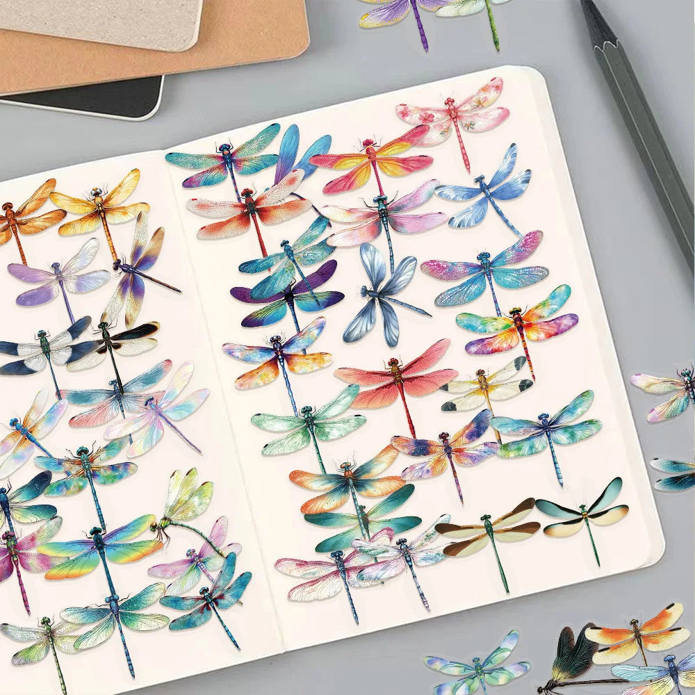 50 Pcs Cartoon Colorful Dragonfly Stickers PET Material Decorative Luggage, Refrigerator, iPad Water Cup Waterproof Stickers