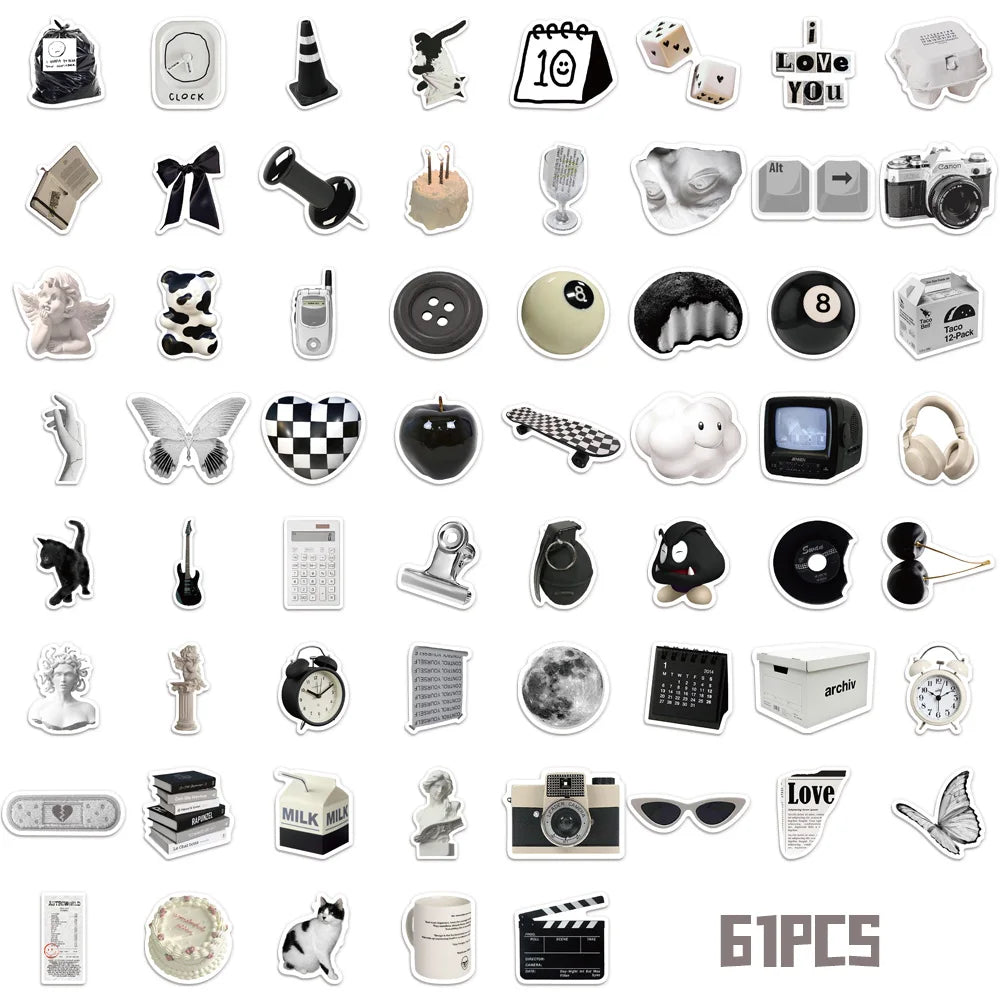 50PCS Black and White Minimalist Cartoon Sticker Bag DIY Sticker Label Tablet Water Cup Decoration Sticker