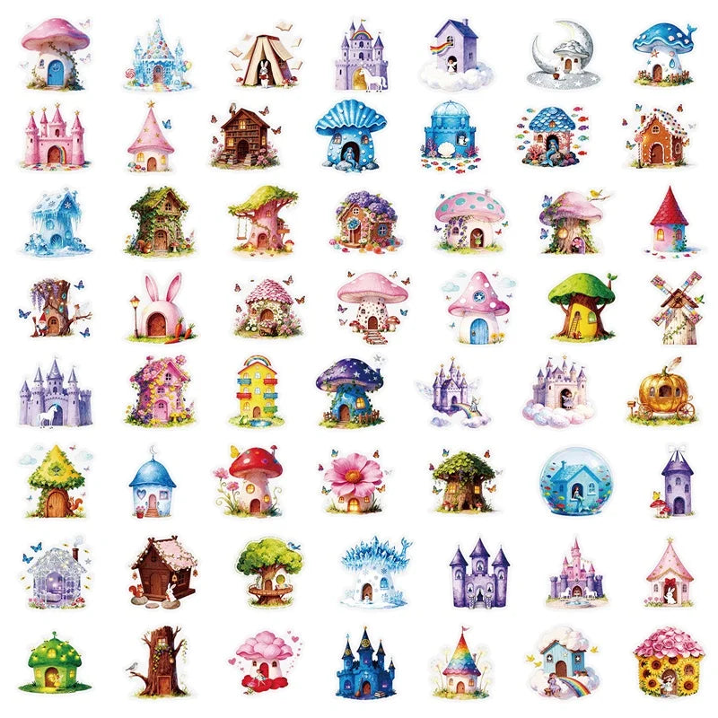 56PCS Fairy Tale Mushroom PET Sticky Sticker Aesthetic Tear Open DIY Decoration Scrapbooking Stationery Supplies for Kids