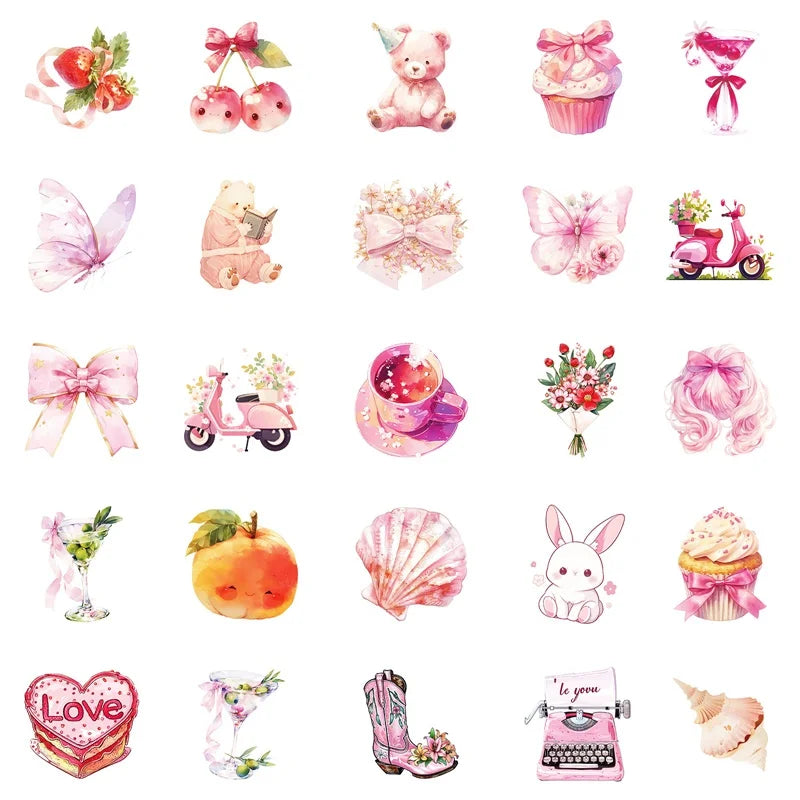 10/30/50PCS Kawaii Pink Sweet Sticky PVC Sticker Aesthetic Children's Stationery DIY Decoration Scrapbooking School Supplies