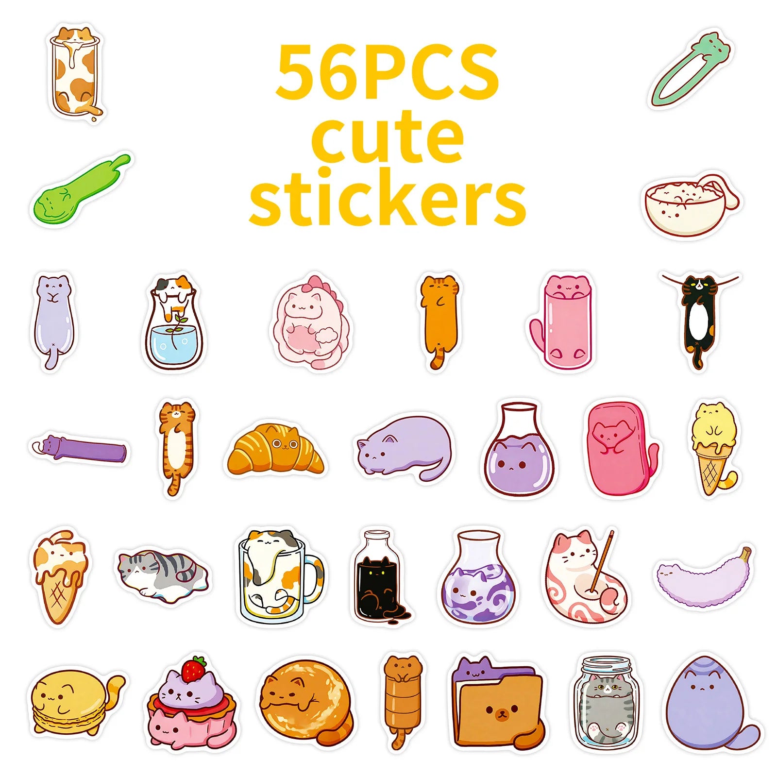 56PCS Cute Cat Bread Doodle Stickers Student Stationery Notebook Diary Office Supplies Storage Box Guitar Waterproof Stickers