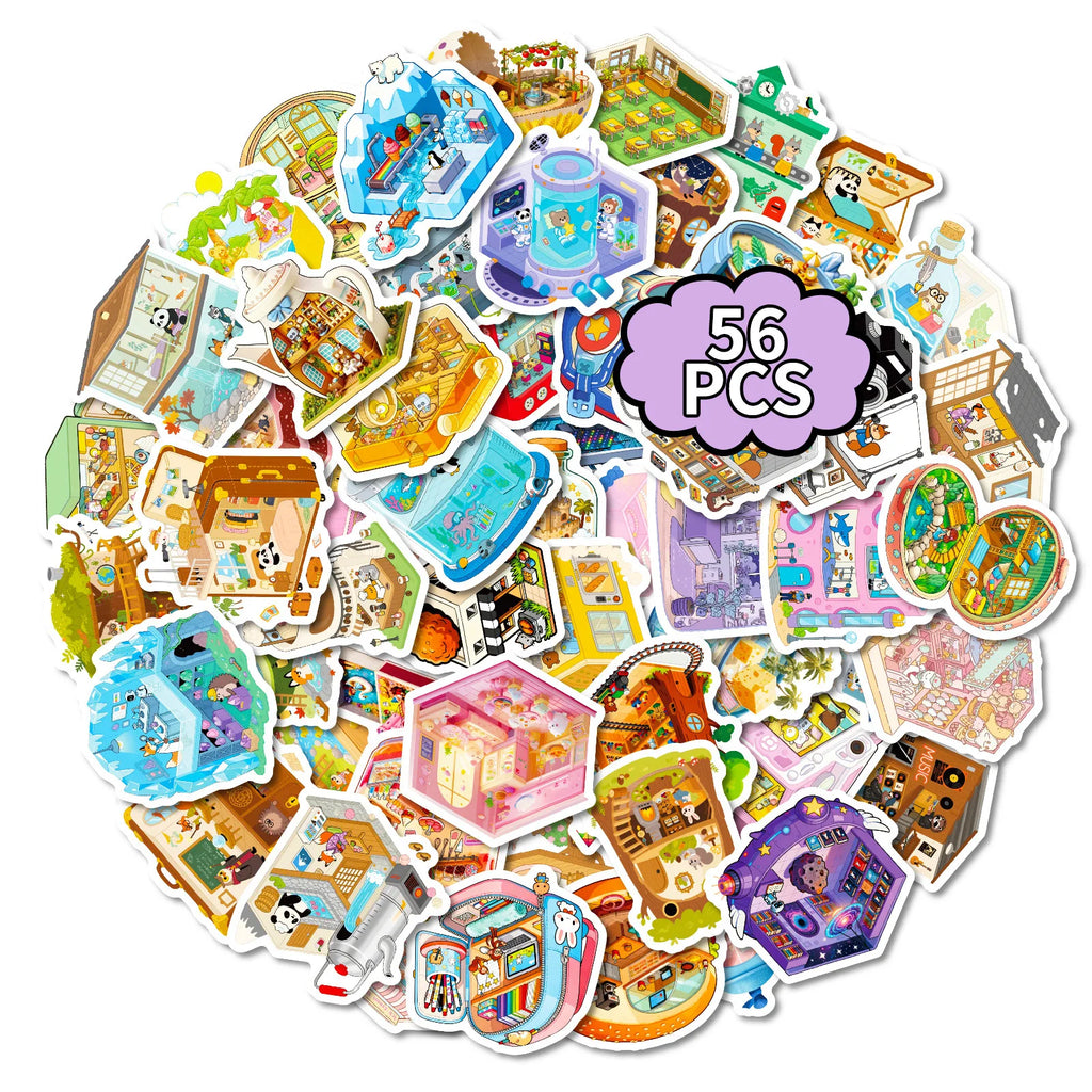 56/112PCS Cartoon 3D Multi Theme Hut 3D Scene Stickers Decorative Stationery Notebook Waterproof Reward Stickers