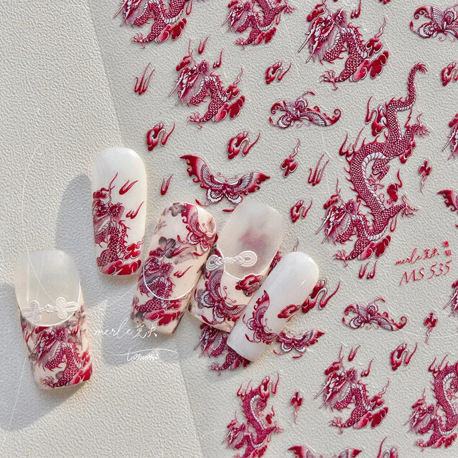Retro Embroidered Dragon Red Porcelain Chinese 3D Embossed Relief Self Adhesive Nail Art Stickers Manicure Decorations Decal DIY
