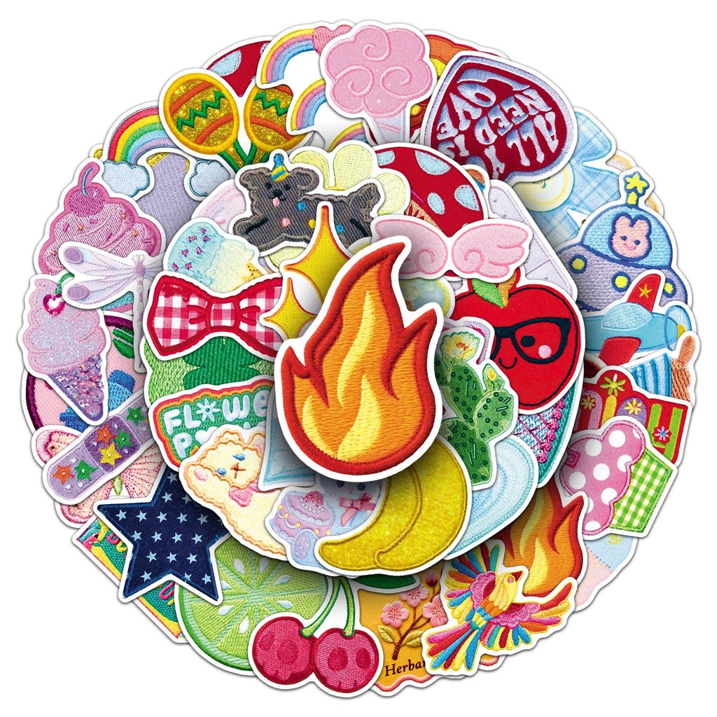 50Pcs Embroidery Cloth Art Cartoon Doodle Stickers Kawaii Kids Stationery Fun DIY Decals Phone Guitar Cup Notebook DIY Sticker