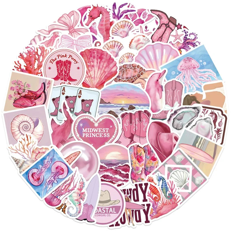10/30/50PCS Kawaii Pink Beach PVC Sticky Sticker Aesthetic DIY Decoration Scrapbooking School Stationery Supplies for Kids