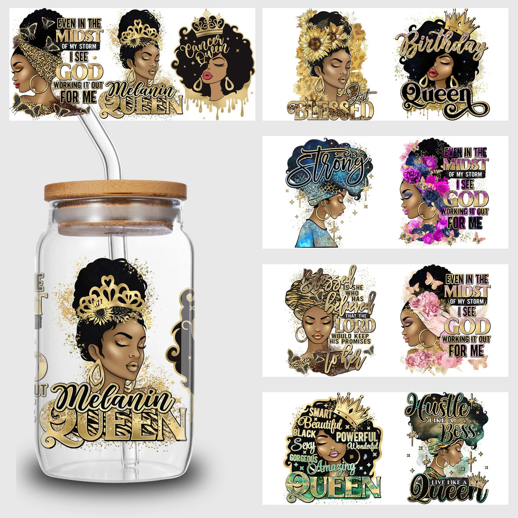 5 Sheets Queen UV DTF Cup Stickers, DTF Friction Transfer Stickers, Waterproof Black Girl Transfer Stickers