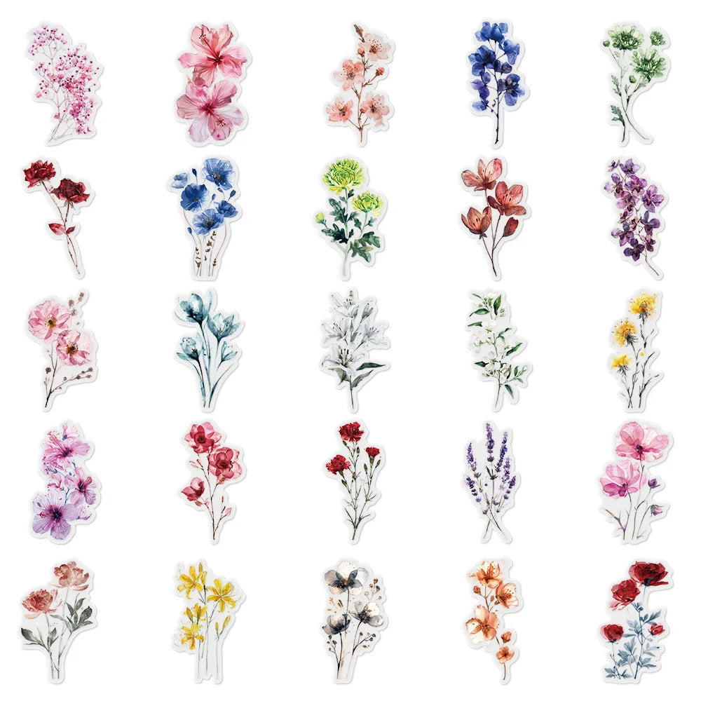 50Pcs Ink Flower Stickers DIY Phone Case Material Handbook Water Cup Plant Transparent PET Stickers