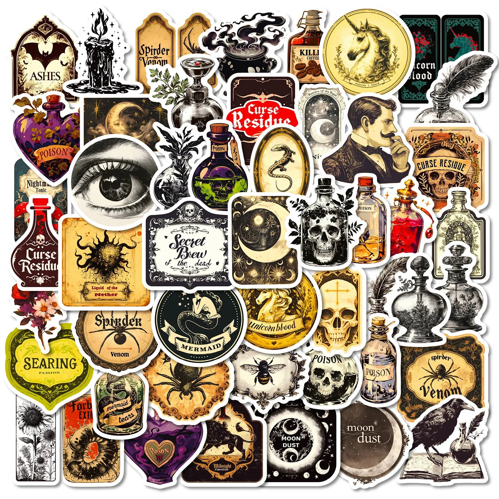 50-Piece Gothic Skull Spider Crow Apothecary Graffiti Stickers for Notebook Luggage Refrigerator Decorative Stickers