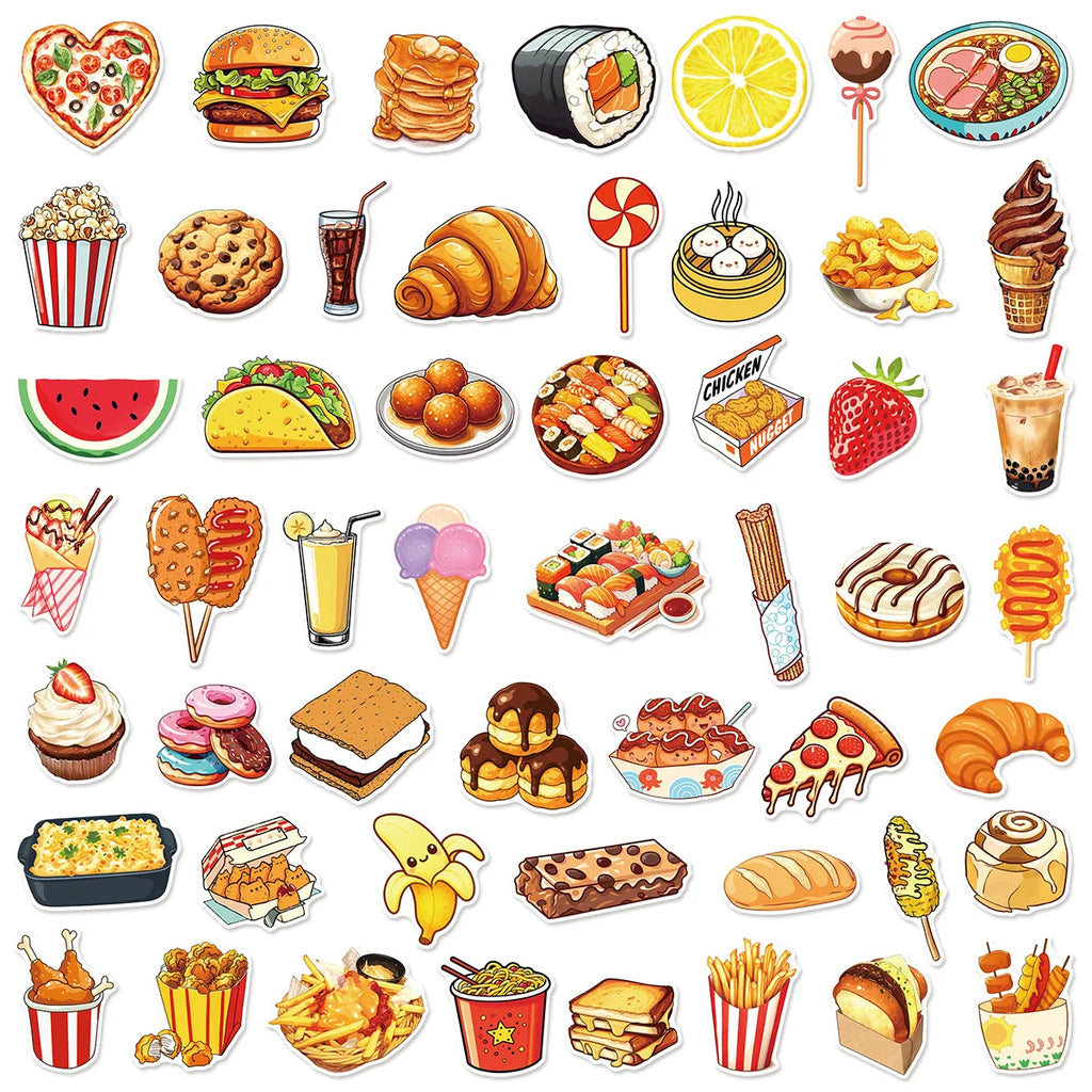 50-Pack Cartoon Food Drink Snack Doodle Stickers Waterproof Children's Stationery Notebook Skateboard Stickers