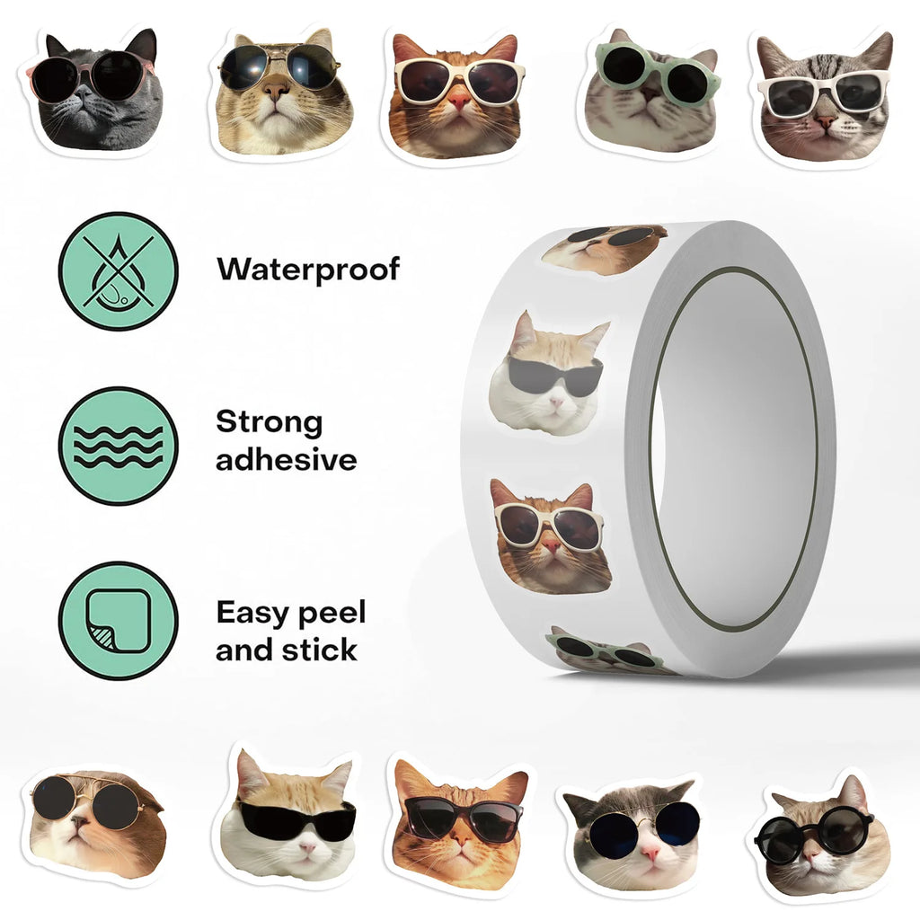 500PCS Roll Stickers Cute Cartoon Wearing Sunglasses Cat Head Decoration Reward Stationery Stickers for Children