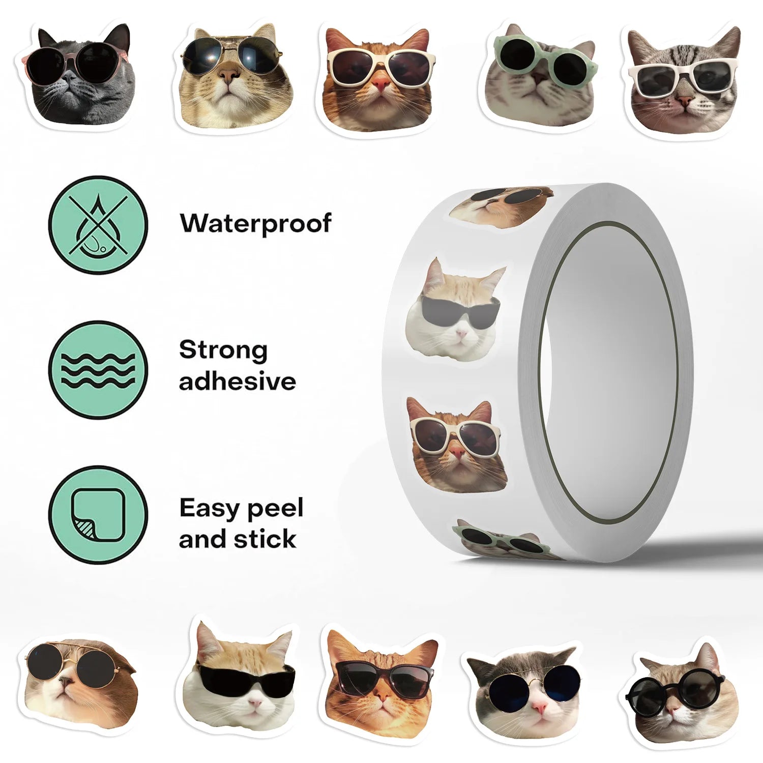 500PCS Roll Stickers Cute Cartoon Wearing Sunglasses Cat Head Decoration Reward Stationery Stickers for Children