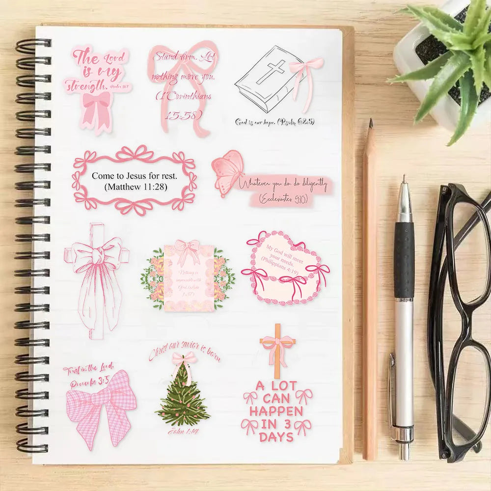 50PCS Pink Bow English Inspirational Series PET Stickers DIY Phone Case Laptop Tablet Toy Stickers