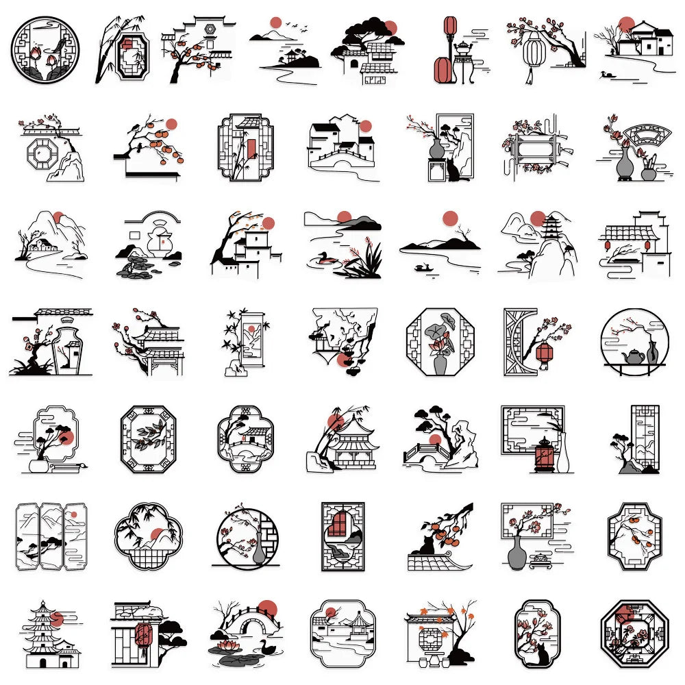 50PCS Ancient Style Silhouette Ancient Town Painting Stickers DIY Scrapbook Phone Case Laptop Tablet Decoration Toy Stickers