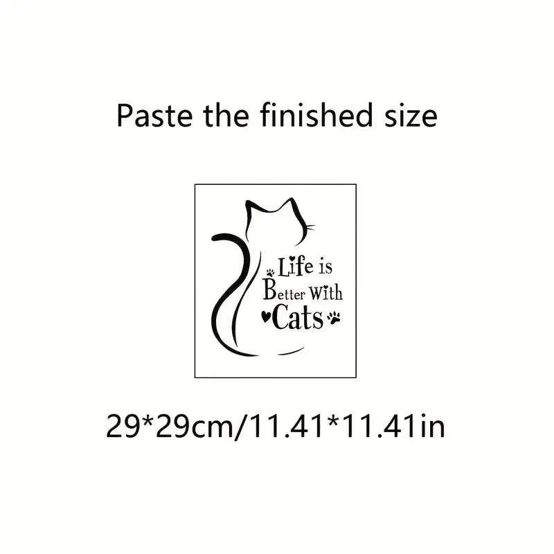 Self-Adhesive Cat Silhouette Wall Decal with "Life is Better with Cats" Quote - Modern Minimalist Animal Print Home Decor Sticke