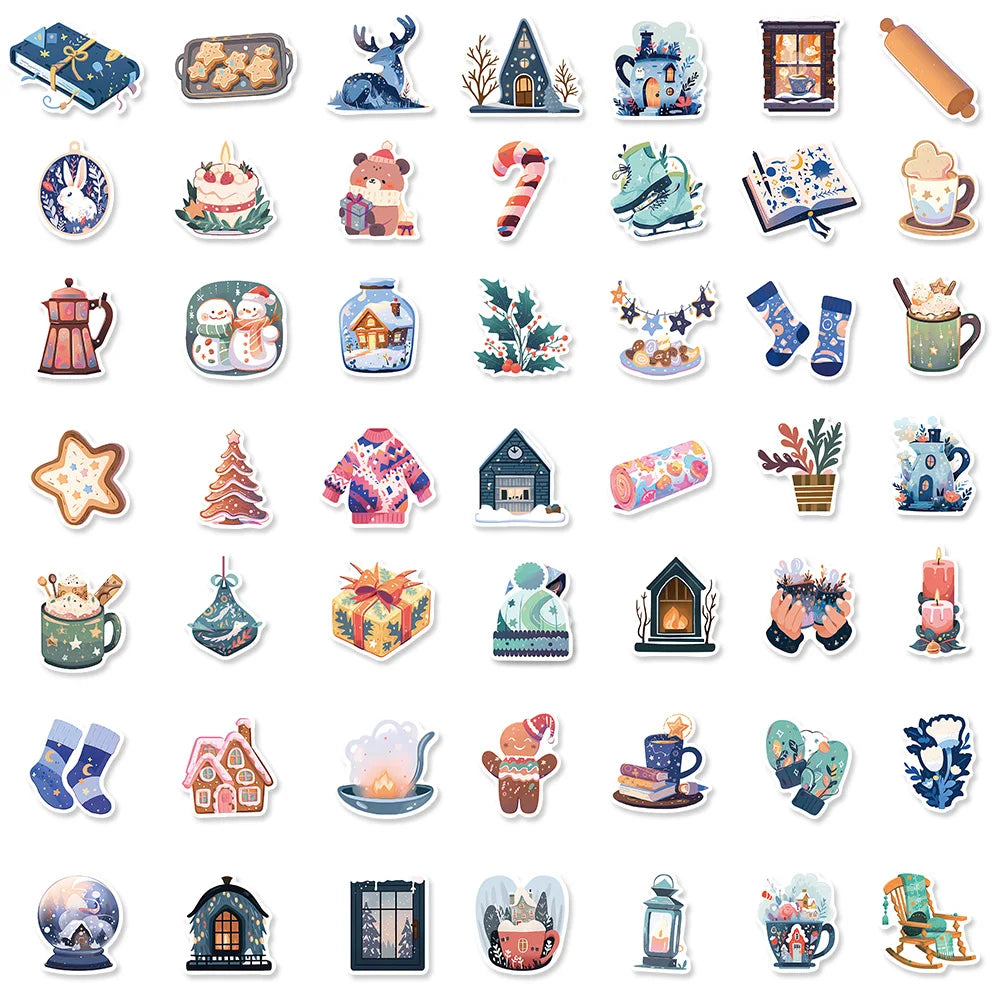 50PCS Cartoon Blue Christmas Graffiti Sticker Crystal Ball Warm Winter Phone  Environmental Protection Festival Queue Sticker