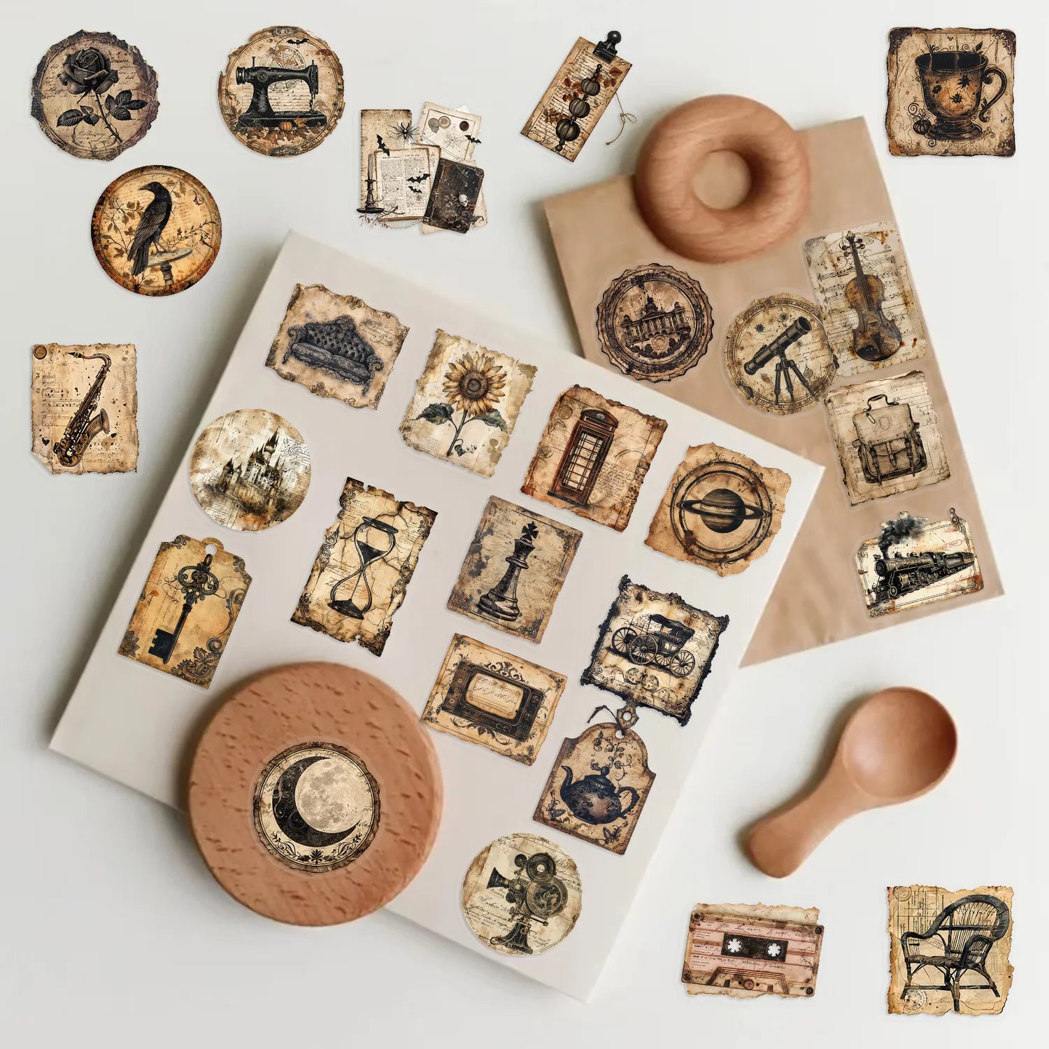 50Pcs Vintage-style Original Memory Theme Stickers Decorating Notebooks Drawers Desks Guitars Pianos PET Transparent Stickers