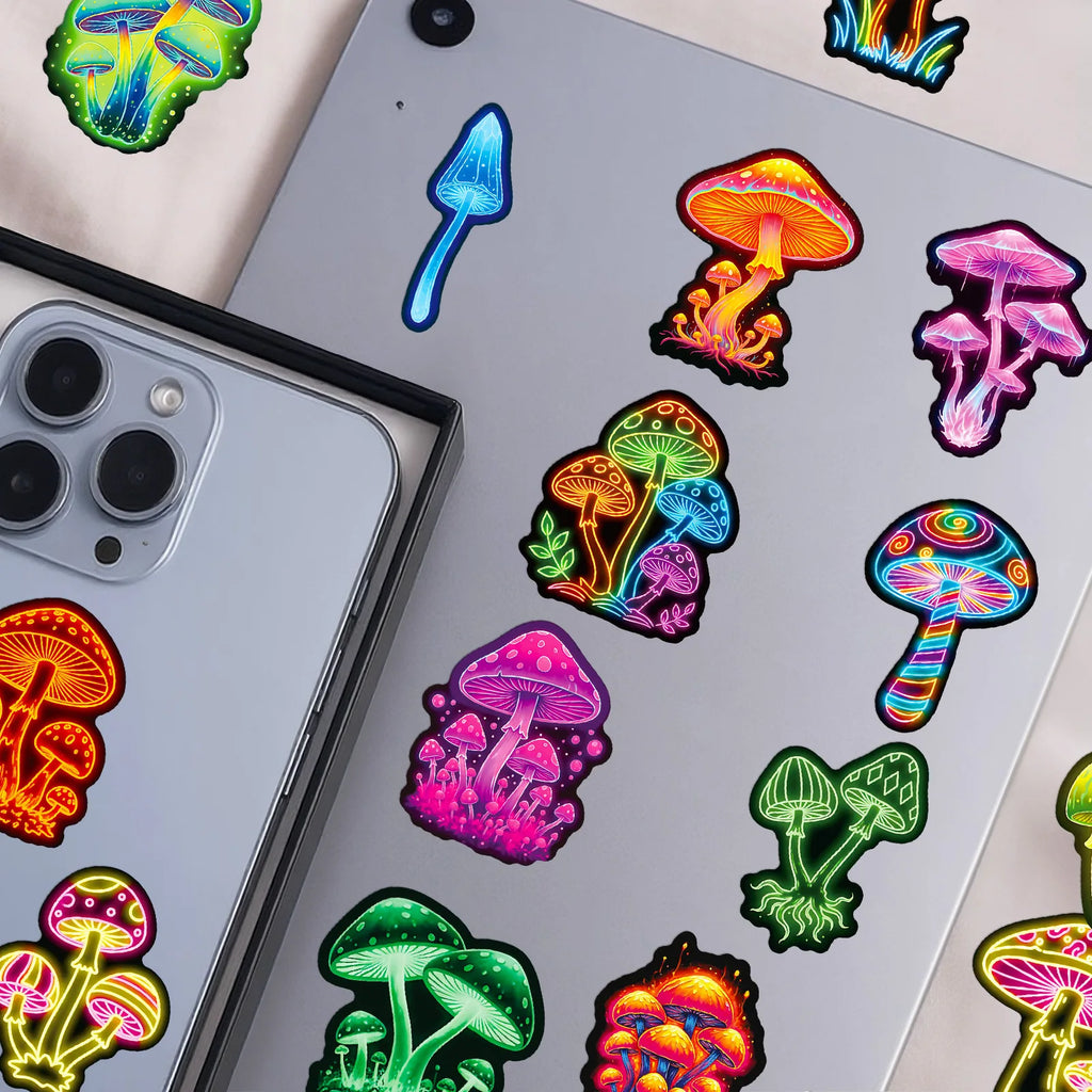 56/112Pcs Neon Mushroom Reusable Stickers Waterproof Decals for Helmet Skateboard Bicycle Computer Stationery Box Multicolor