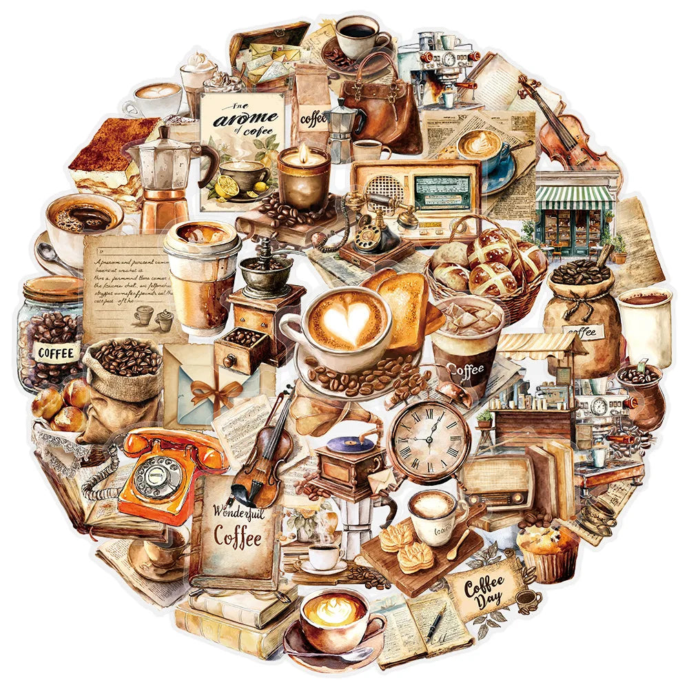 50PCS Retro Coffee Stickers Notebook Phone Guitar Skateboard Computer Water Cup Waterproof Desktop Decoration Stickers