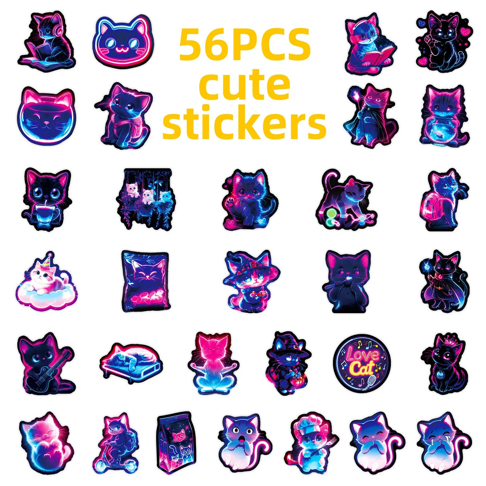 56PCS Neon Cat Graffiti Stickers Cool Colorful Lights Cartoon Cat Skateboard Decoration Stickers For Stationary Notebook